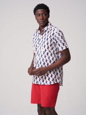 Freemans Sporting Club Men's Hand Printed Short Sleeve Shirt Red Scales