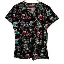 Elite Med Performance Christmas Print Black Scrub Top Size M