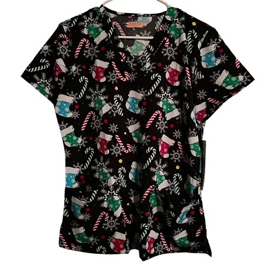 Elite Med Performance Christmas Print Black Scrub Top Size M