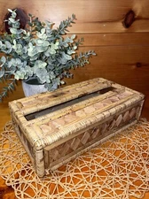 Vintage Tissue Box Cover Holder Bamboo Rattan Wicker Coastal Boho Rectangular