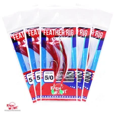 5pks Red White 5/0 Fishing Rockfish Rig 2-hook Feather Rock Cod Fish Bait lures