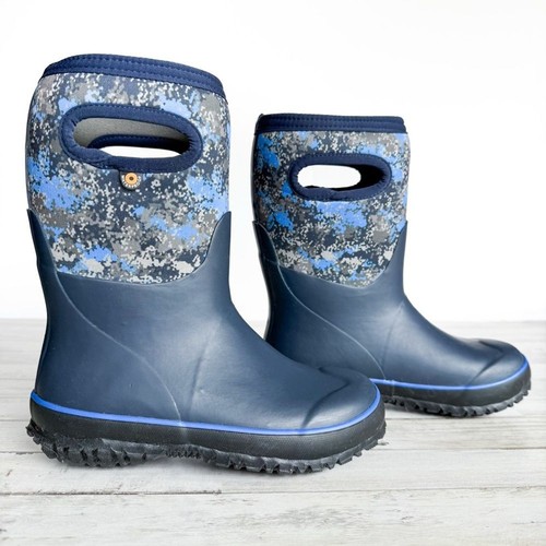 BOGS Kids Grasp Micro Camo Rain Snow Boots Insulated Waterproof Blue Sz 1 Youth