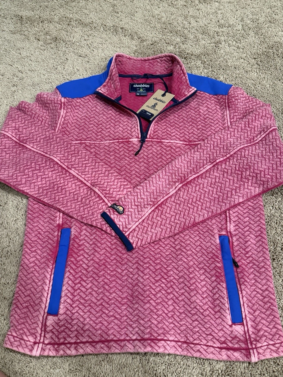 Chubbies The Let Me Pink Blue 1/4 Zip Quilted Jacket Fleece Sweater Men’s M Nwt image 1