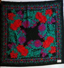 Vintage Challis By Berkshire Scarf Red Floral 30" Square Acrylic Fringed Italy