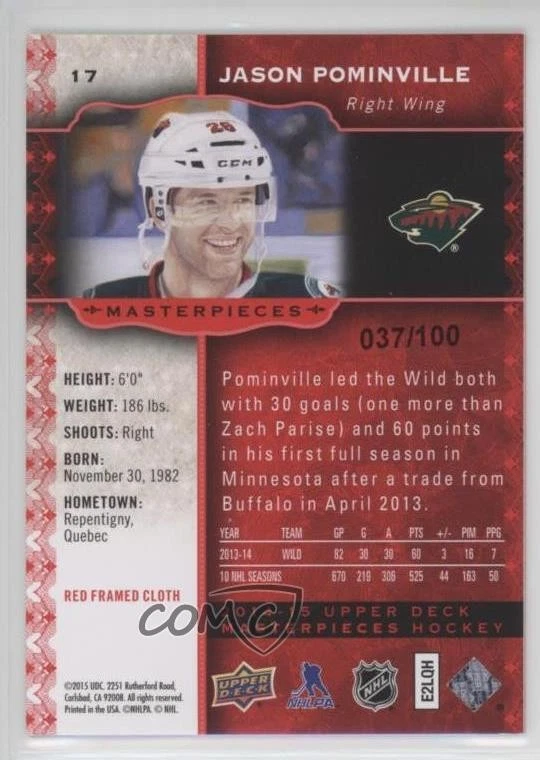 2014-15 Upper Deck Masterpieces Red Framed /100 Jason Pominville #17 - Image 2 of 2