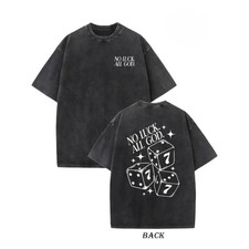Men's No Luck All God Double Print Vintage Washed Heavy Cotton Streetwear T-shir