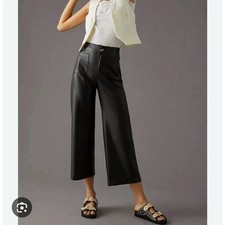 Anthropologie Maeve Pants Womens 32 Colette Cropped Wide Leg Faux Leather Black