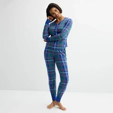 Sonoma Goods Pajama Set L Green Plaid Check 2-pc Thermal Top & Pants Women's