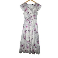 Torrid 0 Large 12 Floral Maxi Dress White Purple Smocked Waist Flutter Sleeve