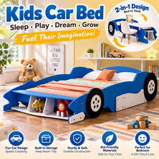 Full Size Race Car-Shaped Platform Bed with Wheels,Blue
