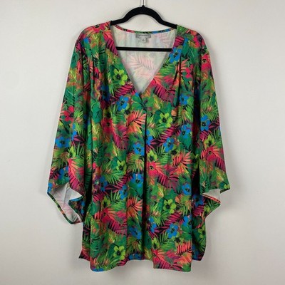 Catherines V-Neck Angel Sleeve Blouse Size 3X Green Multi Floral Tropical Print