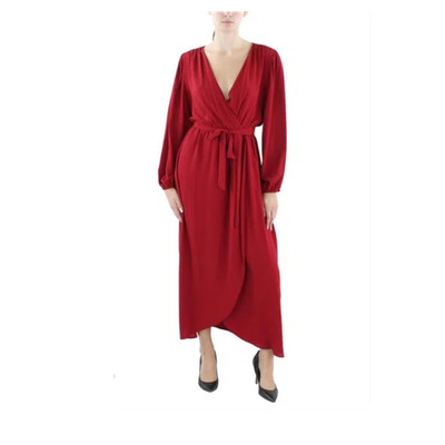 Connected Apparel Red Long Sleeve Belted Maxi Dress Size 14 Tie Waist
