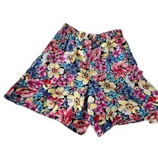 Lizwear Vintage Floral Shorts Womens 12 Multicolor Rayon Pleated High Waist 90s