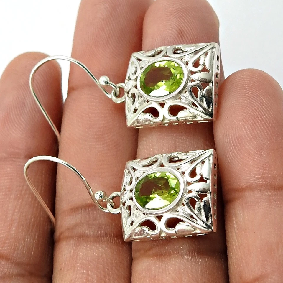 925�Sterling Silver Peridot Gemstone Dangling Hook Christmas Gift Earrings - Image 3 of 4