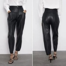 ZARA Faux Vegan Leather Corsy Pants Sz 2 Black Pleather High Rise Tapered Ankle