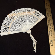 Ivory Plastic Ornate Vintage Hand Fan with Decorative Tassel Elegant Design