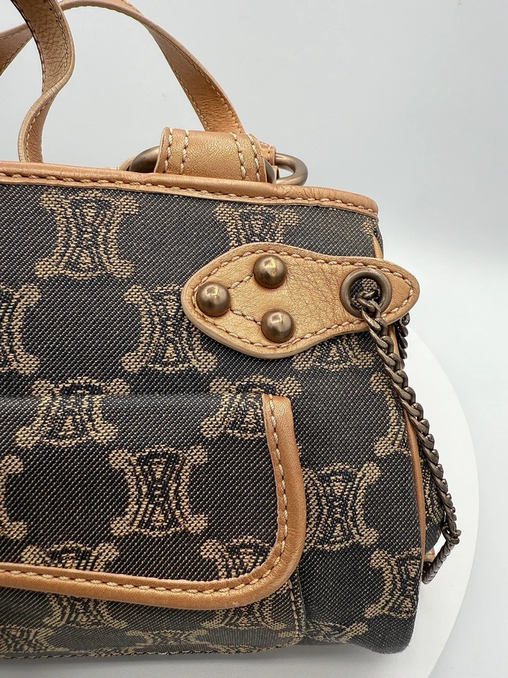 CELINE Macadam Triomphe Shoulder Bag Hand Bag Denim Chain Leather Metallic Rare - Image 4 of 4