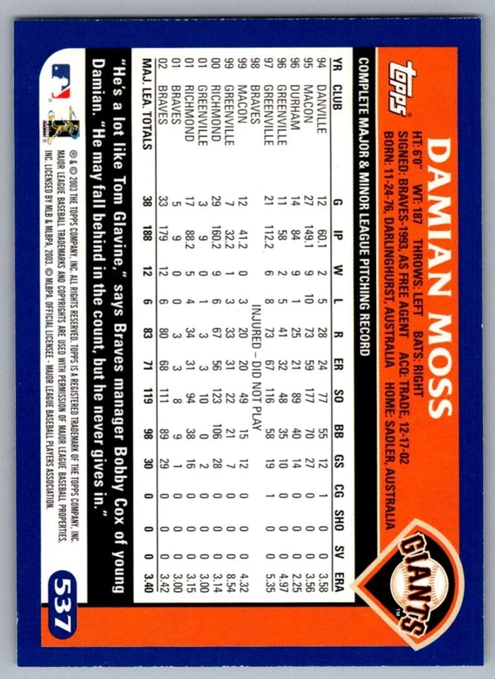 2003 Topps Home Team Advantage Damian Moss San Francisco Giants #537 - Image 2 of 2