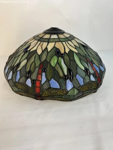 Vintage Large 18" Dragon Fly Tiffany Style Stained Glass & Slag Lamp Light Shade