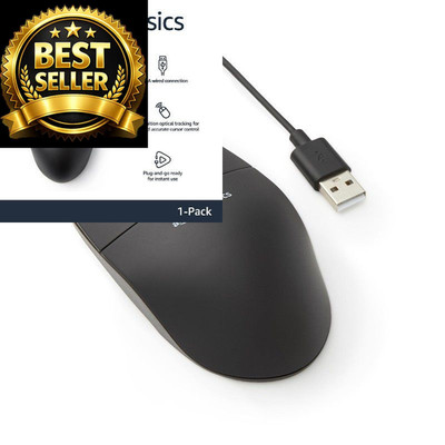 Amazon Basics 3-Button USB Wired Mouse with Responsive 1-Pack, Black 