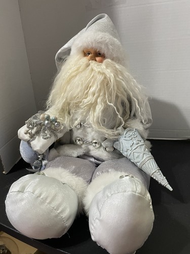 Northlight 16" White Frost Sitting Santa Claus Christmas Figure with Blue Tree - Picture 6 of 8