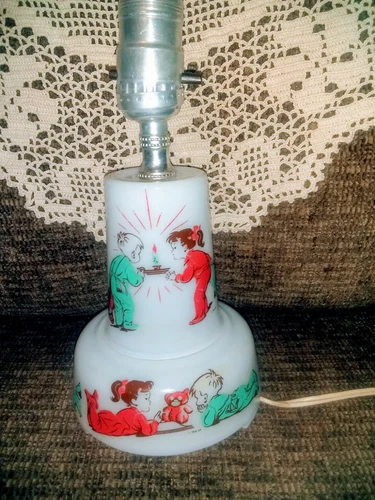 Rare Hazel Atlas Milk Glass Child's Lamp Vintage 1956 children playing scene