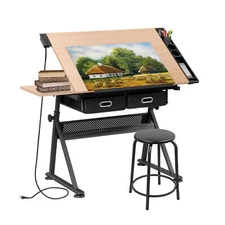 Drafting Drawing Table Tabletop Adjustable Height with Charge Outlet Natural