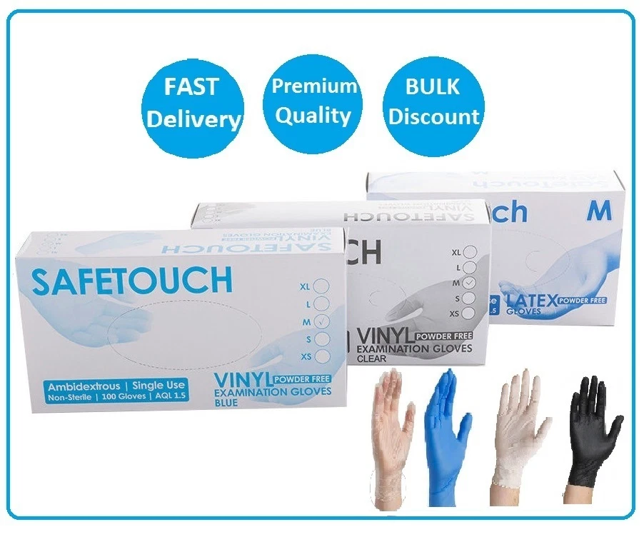 SAFETOUCH Medical Grade Disposable Latex, Nitrile or Vinyl Gloves Powder Free - 100 Boxed