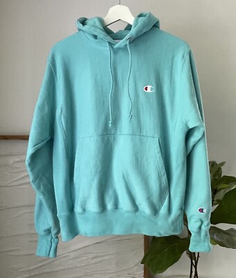 CHAMPION Classic Logo Patch Hoodie Sweatshirt Aqua Blue Reverse Weave Size  Small