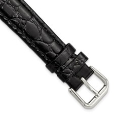 16mm 7.5" Black Alligator-Style Grain Leather Silver-tone Buckle Watch Band