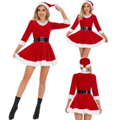 Women's Xmas Outfits Christmas Dress With Belt And Hat White Trim Dress Up  Suit | eBay