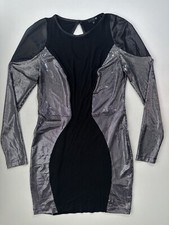 Topshop Metallic Silver Mini Bodycon Dress Uk 10 Black Long Sleeve Panel Fitted