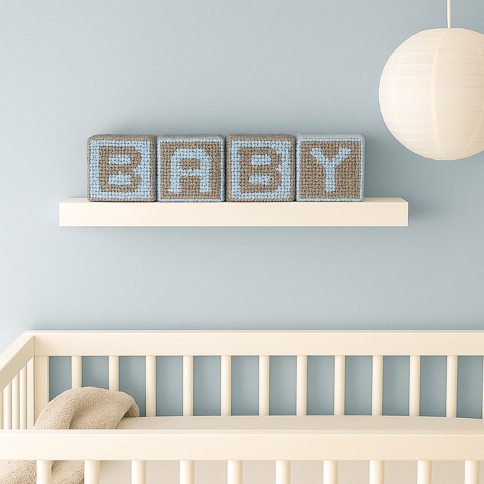 Bloques de lona de plástico a punta de aguja hechos a mano azul gris decoración de guardería Foto 2 de 4