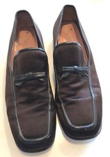 PRADA Milano Chocolate Brown Silk Satin trimmed in Patent Leather Loafers