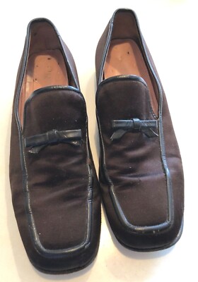 PRADA Milano Chocolate Brown Silk Satin trimmed in Patent Leather Loafers 