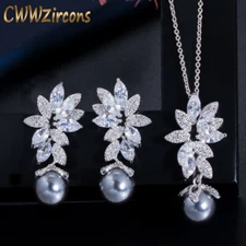 Elegant CZ Bridal Jewelry Flower Gray Pearl Drop Pendant Necklace Earrings Set
