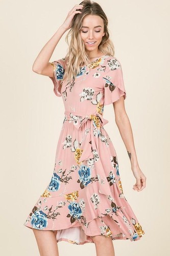 Lucy Tulip Ruffle Wrap Midi Dress in Blush - Picture 3 of 4