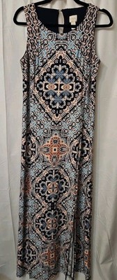 Chicos Fancy Feather Medallion Navy Kick Pleat Maxi Jersey Knit Dress Sz 1  8-10