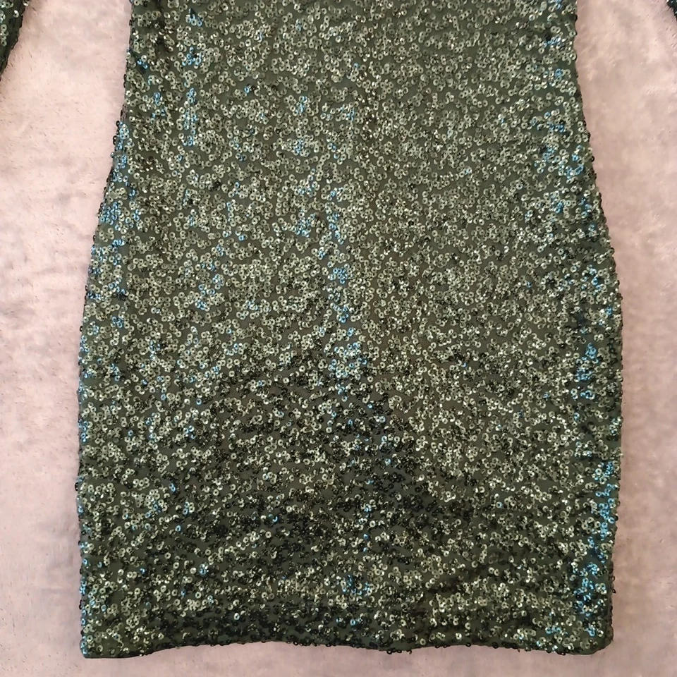 Vestido Vaina Express Talla 2 Corto Verde Lentejuelas Manga Larga Recorte Forrado Foto 4 de 4