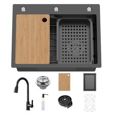 23.6x17.7In Black Kitchen Sink Workstation-Stainless Steel Drop In Single Bow...