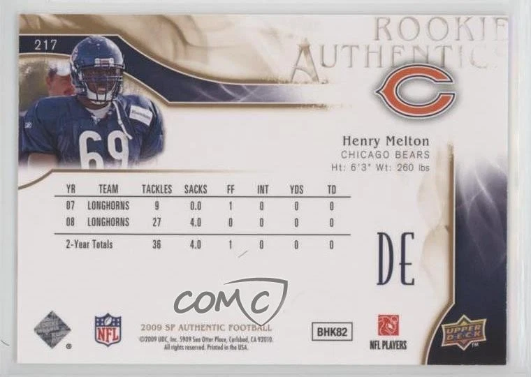 2009 SP Authentic Rookie Authentics Copper /150 Henry Melton #217 Rookie RC - Image 2 of 2