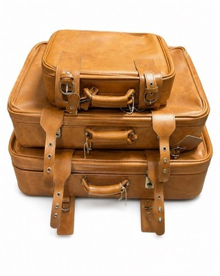 Vintage 3er Set hellbraune Leder Koffer Reisegepäck mit Schlüssel 