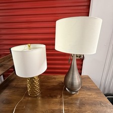 Set of 2 Modern Metallic Table Lamps Gold  Silver Finish with White Drum Shades