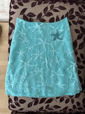 VERSACE JEANS COUTURE TURQUOISE STARFISH PRINT MESH SKIRT WITH BEADED STARFISH
