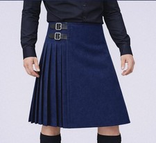 Scottish Highland Classic Premium Solid Blue 8 Yard Wool Kilt for Men Women