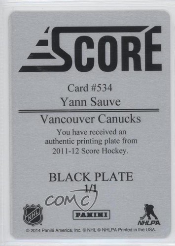 2011-12 Score Hot Rookies Printing Plate Black 1/1 Yann Sauve #534 Rookie RC 0c3 - Picture 2 of 3