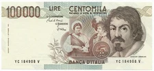 100000 LIRE BANCA D'ITALIA CARAVAGGIO I TIPO LETTERA C 01/12/1986 qFDS