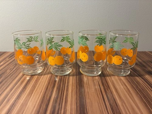 VTG MCM Set Of 4 Anchor Hocking Oranges Pattern Juice Glasses “Swanky Swigs” 5oz