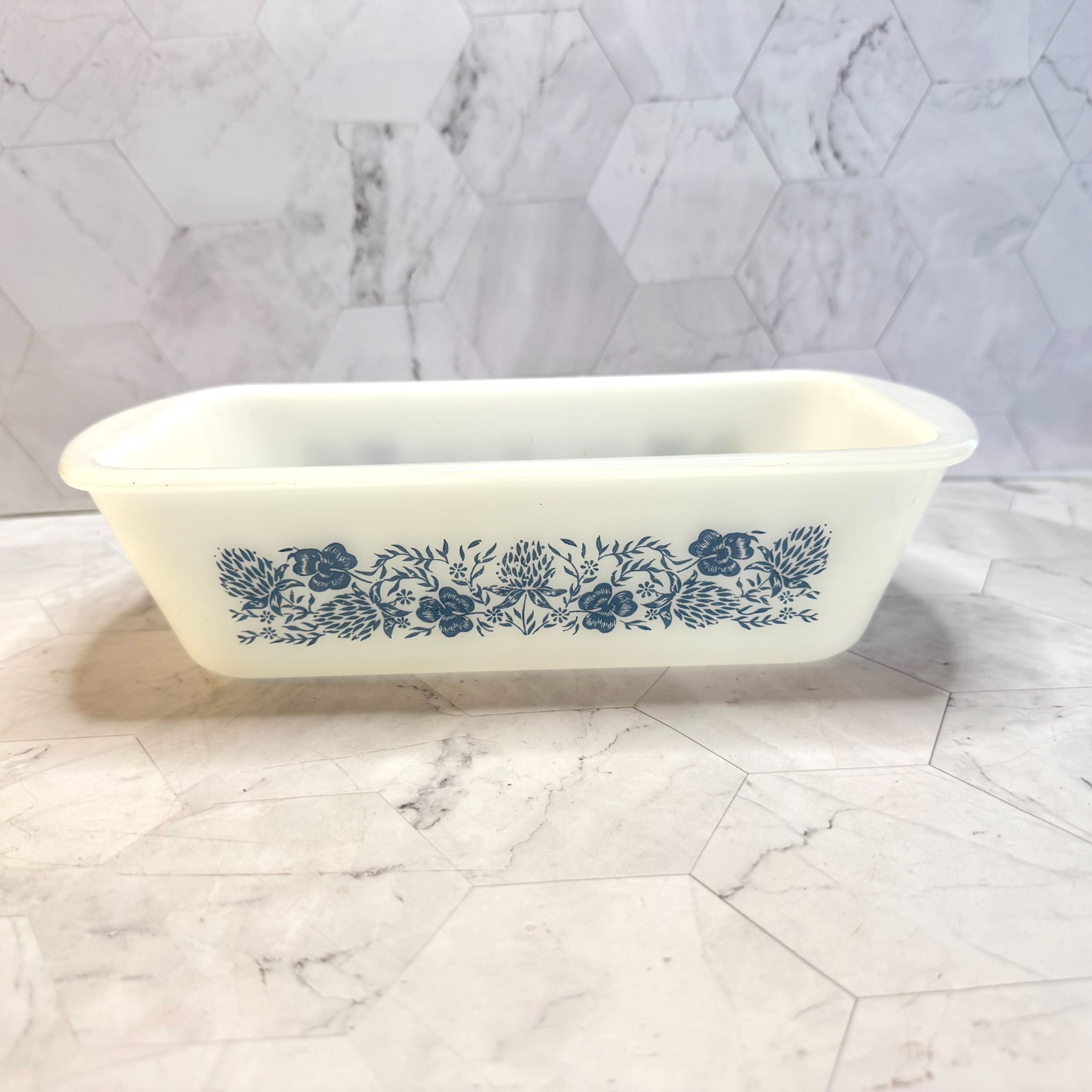 Vintage Glasbake Milk Glass Blue Flowers Loaf Pan 1.5 Qt J522 Made in USA in EUC