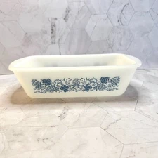 Vintage Glasbake Milk Glass Blue Flowers Loaf Pan 1.5 Qt J522 Made in USA in EUC